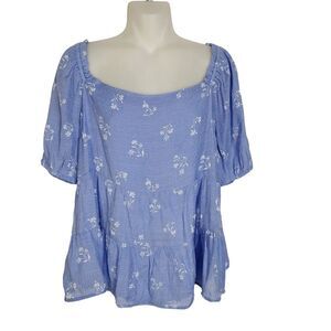 Francescas Jun & Ivy Womens Top Blue White Floral Blouse Charlee Tiered Babydoll